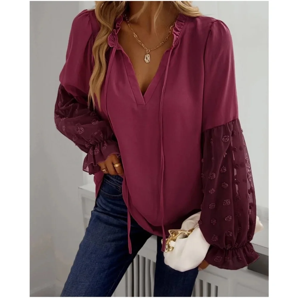 Boho Swiss Dot Sheer Sleeve Ruffle Blouse - Picture 8 of 14